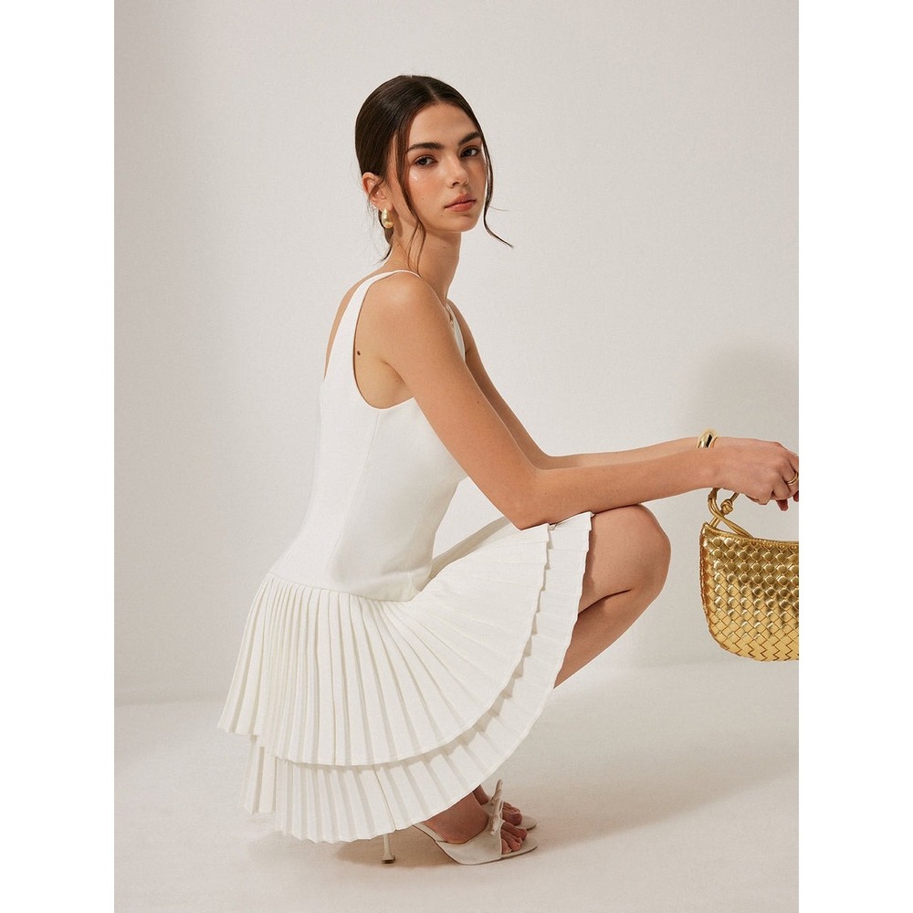 Commense White Mini Dress Pleated Tiered Skirt Sleeveless Party Cocktail Size L - Picture 3 of 12
